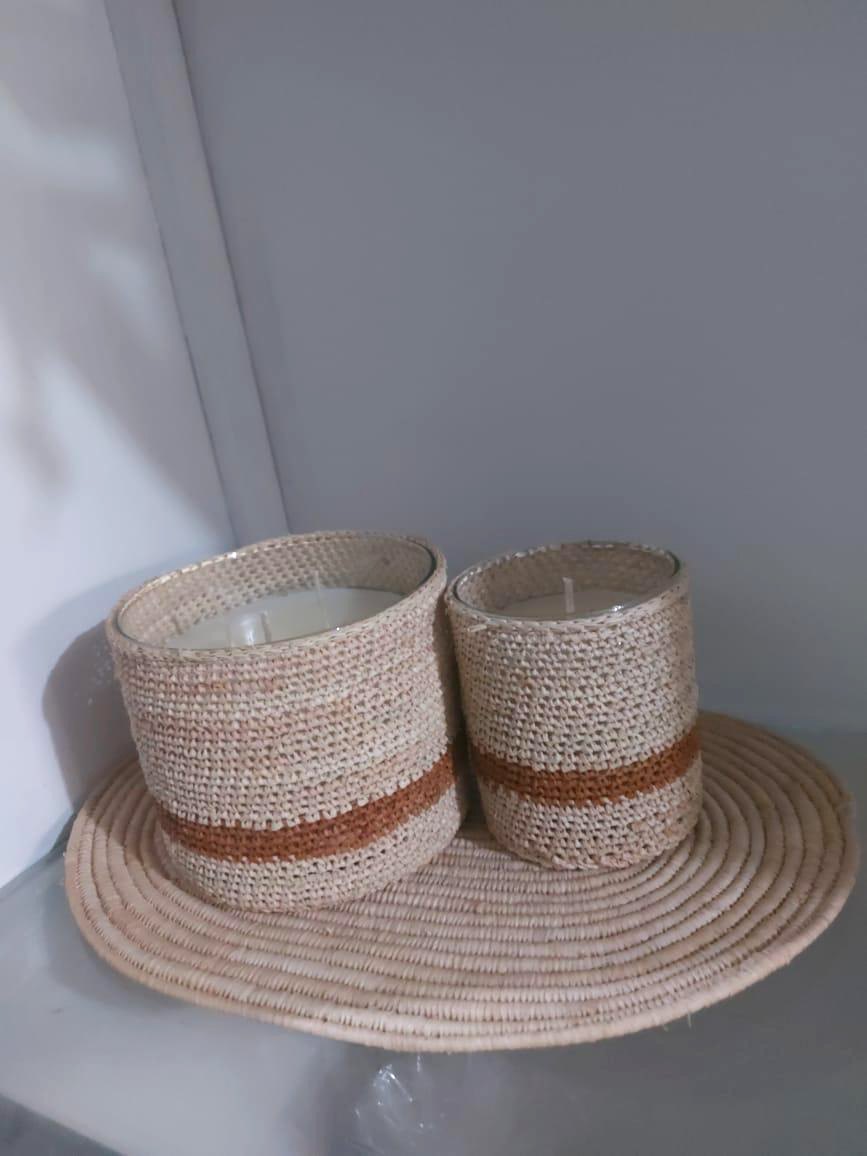 Real studio photo of Woven Glow handmade woven candle set by Brassnclay